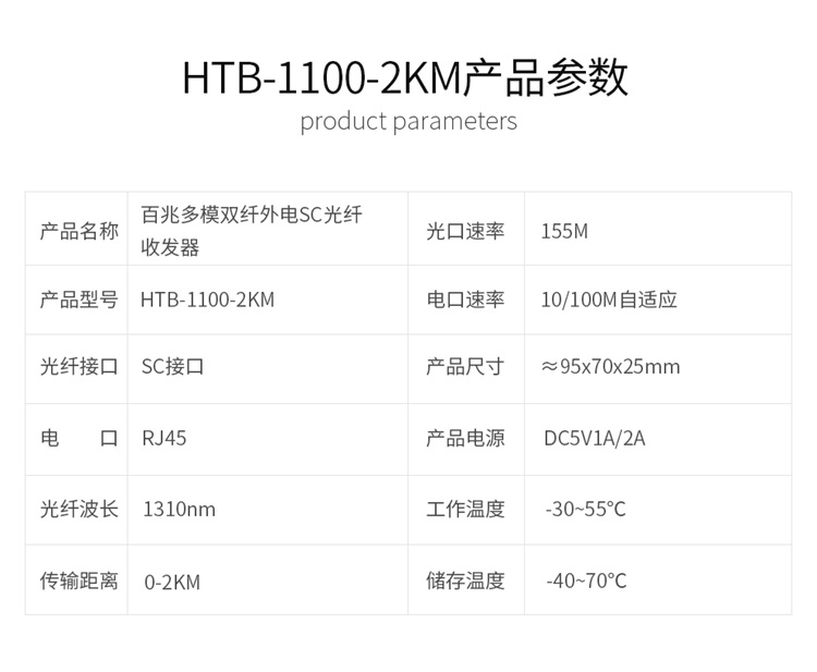 规格百兆多模双纤sc 波长1310mm产地中国大陆类型光纤收发器型号htb